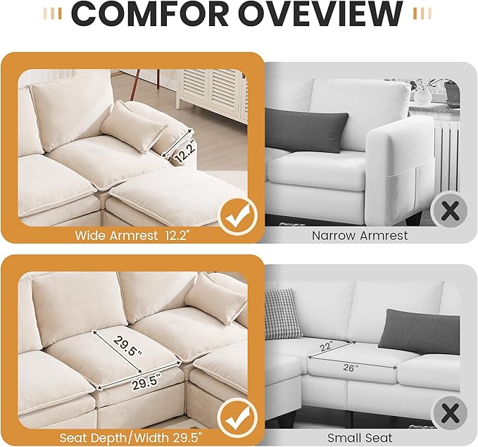 130" U Shaped Modular Sectional Sofa, Couch with Ottoman Storage, Chenille Cloud Couch with Plush Deep Seating for Living Room, Bedroom (6 Seat, Beige)