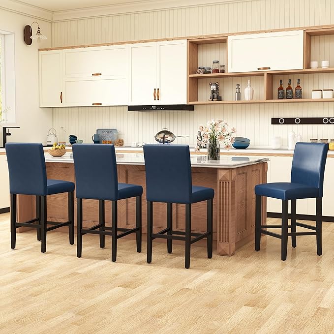 LSSPAID Counter Height Bar Stools Set of 2, 24.8 Inch Upholstered PU Leather Barstools, Modern Kitchen Island Chairs with Backrest and Solid Wood Legs, Navy Blue