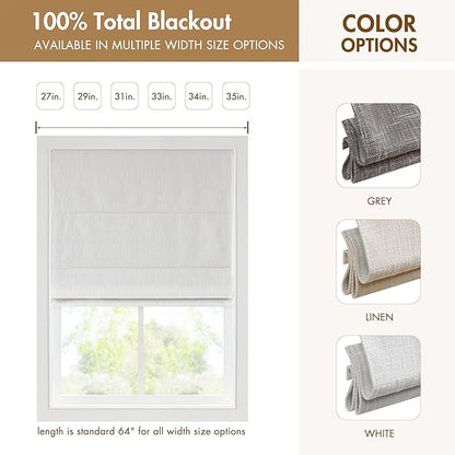 Madison Park Cordless Roman Shades, Total Blackout Window Blind Privacy Window Shades, Thermal Insulated Cordless Window Treatment for Bedroom, Living Room, Quincy, Single Panel 29" W X 64" H White