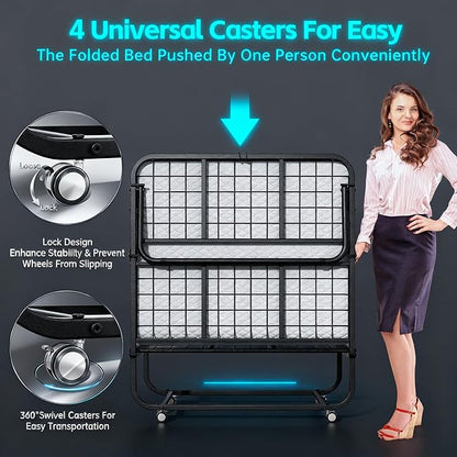 Pataku Folding Bed with Mattress, Twin Foldable Bed, Roll Away Beds for Adults, 75" x 38" Roll Away Portable Beds with 5" Mattress, Folded Frame for Small Apartment, Guest Room