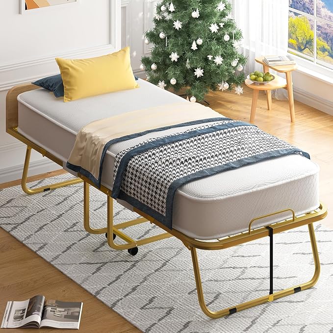 Mjkone Folding Bed with 5" Memory Foam Mattress & Upgraded 75x45 Frame Single Portable Guest Bed, Space-Saving Design, Lockable Wheels for Easy Moving, Quick Assembly & Compact Storage-Gold