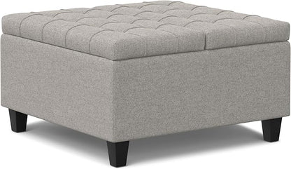 SIMPLIHOME Harrison 30 inch Wide Transitional Square Small Coffee Table Storage Ottoman in Cloud Grey , Assembled, For the Living Room and Bedroom