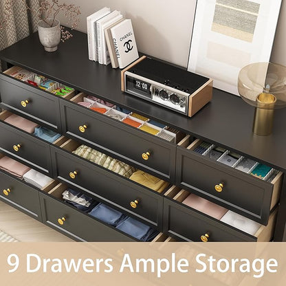 Black 9 Drawers Dresser for Bedroom, 59'' Large Wood Dresser with Gold Handles, Modern Wide Chest of Storage Drawers for Hallway, Living Room