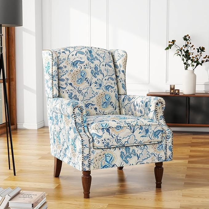 UIXE High Back Floral Accent Chair, Fabric Upholstered Armchair Wingback Arm Chair for Living Room, Nailhead Trim Single Sofa Bedroom Side Reading Seat with Retro Solid Wood Legs - Boho Blue
