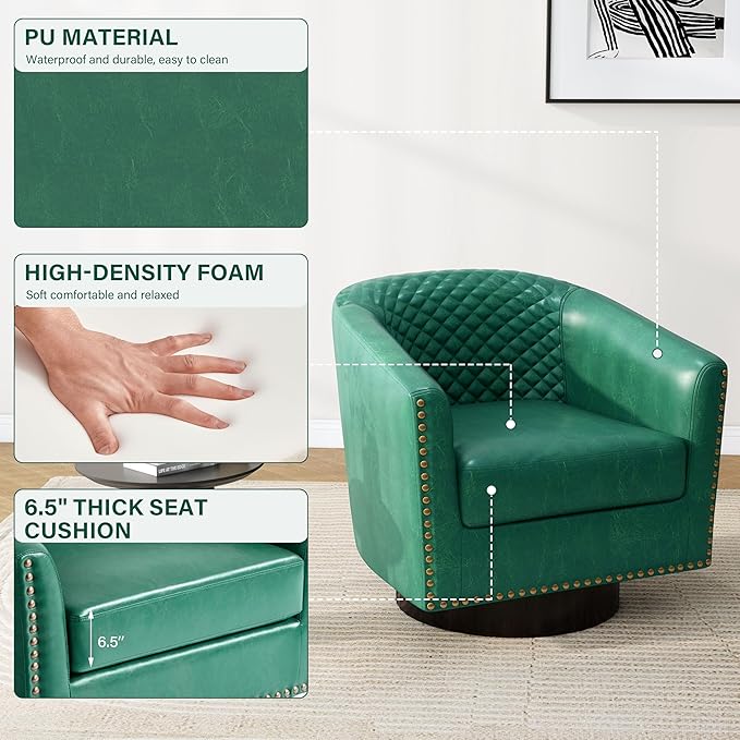Pia Ricco Faux Leather Swivel Barrel Accent Chairs Set of 2, 360° Swivel Round Single Sofa Chair, Comfy Upholstered Club Armchair with Nailhead Trim for Living Room/Reading Room/Bedroom, Green