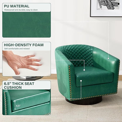 Pia Ricco Faux Leather Swivel Barrel Accent Chairs Set of 2, 360° Swivel Round Single Sofa Chair, Comfy Upholstered Club Armchair with Nailhead Trim for Living Room/Reading Room/Bedroom, Green