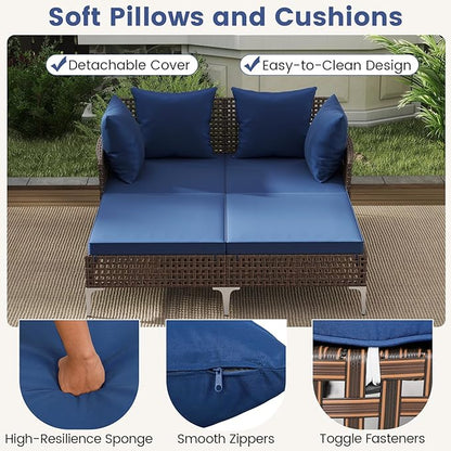 HAPPYGRILL Outdoor Patio Daybed PE Rattan Sunbed with Pillows and Cushions, Heavy-Duty Metal Frame, Outdoor Bed Lounger for Porch, Backyard and Poolside (Navy)