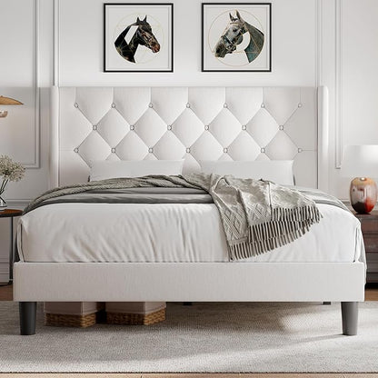 iPormis Full Size Velvet Platform Bed Frame with Button Tufted Headboard, Upholstered Bed Frame with Solid Wooden Slats, 8" Underbed Space, No Box Spring Needed, Noise Free, Easy Assembly, White