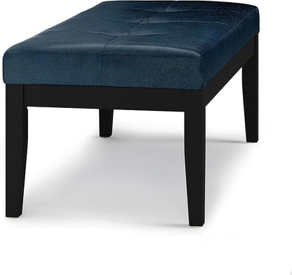 SIMPLIHOME Lacey 41 inch Wide Contemporary Rectangle Tufted Ottoman Bench in Distressed Dark Blue Vegan Faux Leather, Assembled, For the Living Room and Bedroom