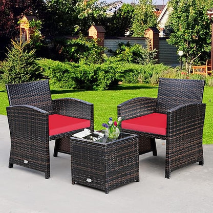 COSTWAY 3 Pieces Patio Furniture Sets, Outdoor Rattan Conversation Set with Tempered Glass Tabletop and Soft Cushion, Wicker Cushioned Chair Sofa for Backyard, Porch, Poolside, Lawn, Red