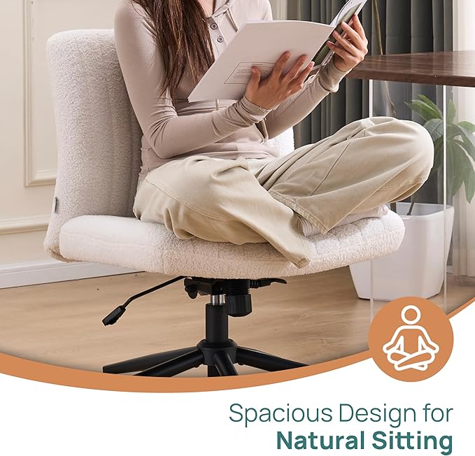 NYPOT Armless Desk Chair with Wheels for Criss Cross Sitting - Cross Legged Wide Armless Chair - Adjustable Vanity 360° Swivel Stool and 120° Rocking Wide Seat Comfy for Home and Office, White Sherpa