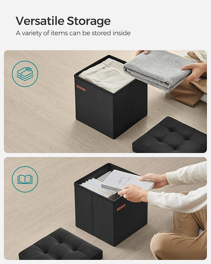SONGMICS Storage Ottoman, Foldable Small Ottoman Foot Rest, 11.8 Inches Foot Stool, Cube Ottoman with Storage, Load up to 286 lb, for Living Room, Bedroom, Dorm, Ink Black ULSF028B01