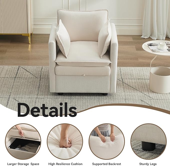 30" Cloud Modular Single Sofa Chair with Storage, Modern Upholstered Accent Chair Deep Seat, Chenille Reading Lounge Armchair for Living Room, Bedroom, Small Space, Beige