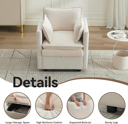 30" Cloud Modular Single Sofa Chair with Storage, Modern Upholstered Accent Chair Deep Seat, Chenille Reading Lounge Armchair for Living Room, Bedroom, Small Space, Beige
