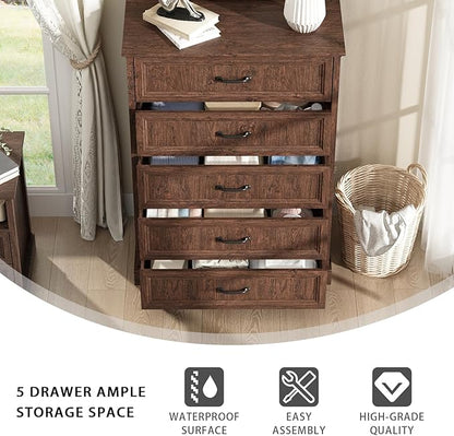 CARPETNAL Farmhouse 5 Drawers Dresser for Bedroom, 44" Tall Brown Dresser Wood Rustic Chest of Drawers with Wide Metal Handle,Natural Texture,Drawer Organizer for Bedroom,Living Room,Hallway