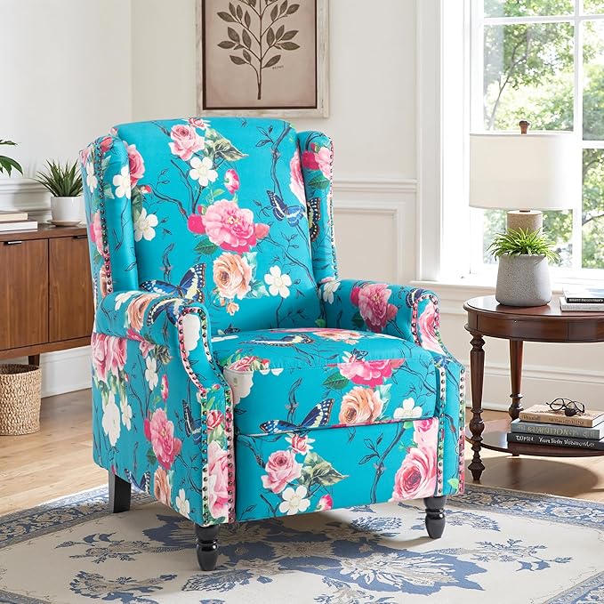 Recliner Chair, Upholstered Wingback Floral Pushback Armchair with Adjustable Backrest & Footrest, Comfy Accent Chair Reading Single Sofa for Small Spaces, Living Room, Bedroom (Peacock, Set of 1)