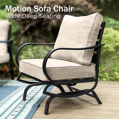 PHI VILLA 7 PCS Outdoor Patio Furniture Set with 2*C-Base Chairs, 1 * 3 Seater Padded Deep Seating Bench Sofa, 2*Padded Armrest Leg Chairs and 2*Metal Cushioned Ottoman for 7 Person