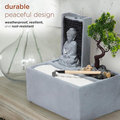 Alpine Corporation DIG278 13" Indoor/Outdoor Tabletop Fountain with LED Lights, Buddha Bonsai Garden Water Feature for Home, Patio & Desk Décor, Gray