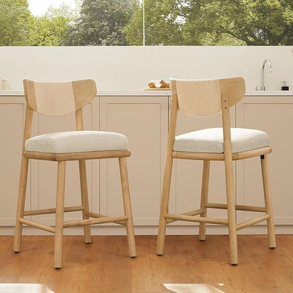 Watson & Whitely Boho Counter Height Bar Stools Set of 2, 27” Modern Upholstered Bar Stools with Natural Woven Rope Back and Solid Wood Frame for Kitchen Island, Home Bar, Fabric in Linen