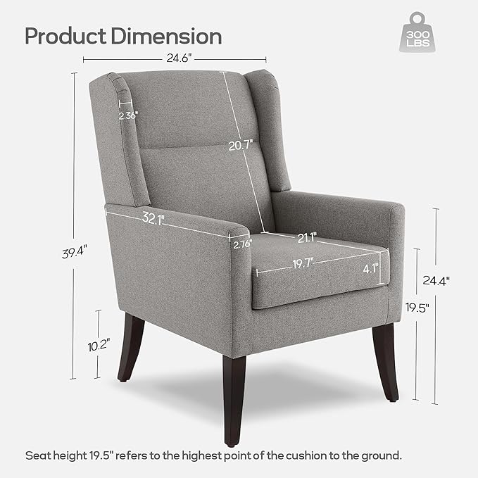 High Back Living Room Chairs, Fabric Accent Chair, Comfy Upholstered Armchair with Wooden Legs for Living Room, Bedroom, Apartment (1, Grey)