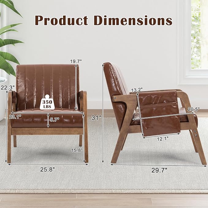 EROMMY Mid Century Modern Leather Accent Chair with Wood Frame, Faux Leather Accent Armchair with Storage Bag,Faux Pu Living Room Accent Chair for Reading, Bedroom,Reddish Brown