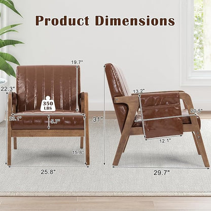 EROMMY Mid Century Modern Leather Accent Chair with Wood Frame, Faux Leather Accent Armchair with Storage Bag,Faux Pu Living Room Accent Chair for Reading, Bedroom,Reddish Brown