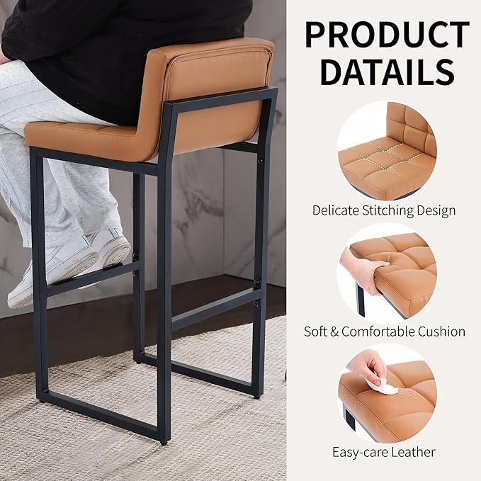 Counter Height Bar Stools Set of 2, Modern Faux Leather Counter Stools with Low Back and Footrest, Upholstered Bar Chairs for Kitchen Island, Bar, Counter (Caramel Brown, 2Pcs 26" Bar Stools)