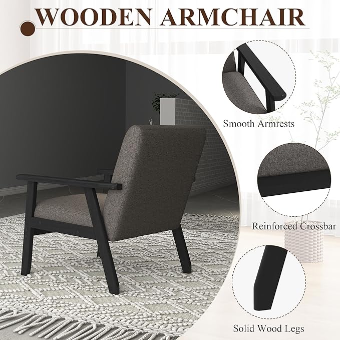 Westice Accent Chair Set of 2, Mid-Century Modern Living Room Chairs with Solid Wood Frame & Soft Thicken Cushion, Upholstered Arm Reading Chair for Bedroom, Balcony, Grey Linen Fabric & Black Legs