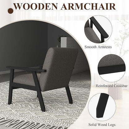 Westice Accent Chair Set of 2, Mid-Century Modern Living Room Chairs with Solid Wood Frame & Soft Thicken Cushion, Upholstered Arm Reading Chair for Bedroom, Balcony, Grey Linen Fabric & Black Legs