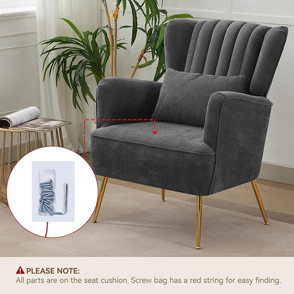 Living Room Chairs Chenille Accent Armchair with Lumbar Pillow&Gold Leg, 8.5" Thick Cushion, Mid Century Modern High Wingback Bedroom Chairs Upholstered Comfy Sofa Arm Chair, Grey