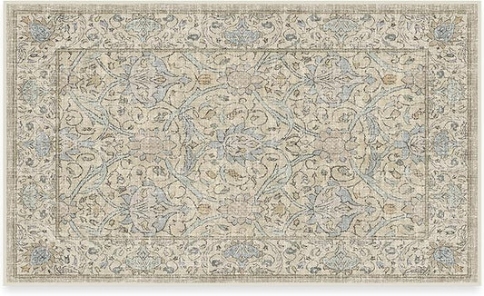 RUGGABLE x Morris & Co Washable Area Rug – Montreal Natural Blue 3x5, Stain-Resistant, Non-Slip – Small Machine Washable Rugs for Living Room, Bedroom, Hallway, Entryway & Office–with Standard Pad