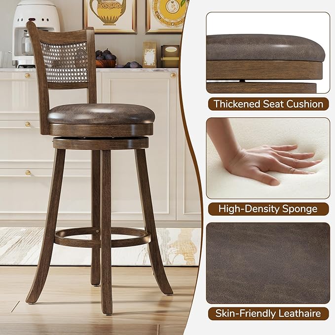 COSTWAY 30” Swivel Bar Height Barstool Set of 2, Rubber Wood Bar Stools with Rattan Backrest, Footrest, Upholstered Leathaire Armless Chairs for Kitchen Island, Pub, Brown (4, 30” Seat Height)