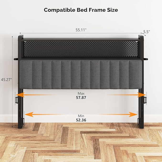VINGLI Full Size Headboard Only, Adjustable Upholstered Headboard with 2 Tier Shelves and Pegboard with Charging Stations and LED Lights, Modern Bed Headboard with Storage for Bedroom Decor