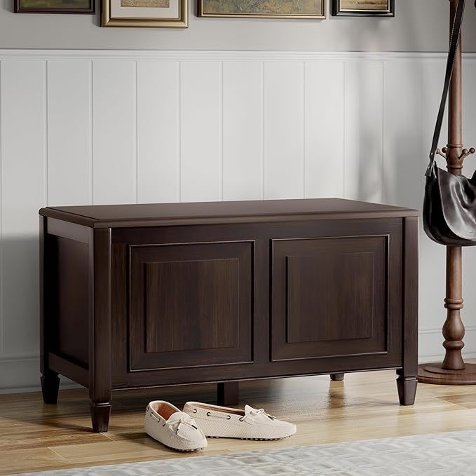 SIMPLIHOME Connaught Entryway Storage Bench - 36 inch Wide Solid Wood Small Storage Trunk Seat in Chestnut Brown, Traditional Bench for Entryway or Living Room with Lift-Up Lid and Paneled Front