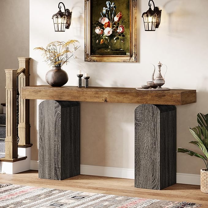 Tribesigns 63" Long Entryway Table, Farmhouse Console Table with 2 Arched Pedestal Legs, Wooden Sofa Console Behind The Couch for Entrance, Hallway, Living Room (Vintage Brown & Grey)
