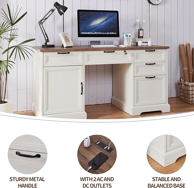 60" Farmhouse Executive Desk with Lock,Home Office Desk with Charging Station,Executive Desk with 4 Drawers & 1 Cabinet&1 File Cabinet for Office and Home
