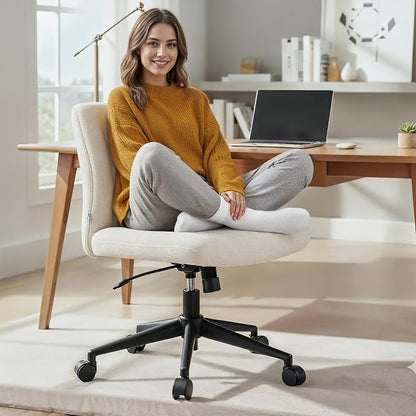 NYPOT Armless Desk Chair with Wheels for Criss Cross Sitting - Cross Legged Wide Armless Chair - Adjustable Vanity 360° Swivel Stool and 120° Rocking Wide Seat Comfy for Home and Office, White Sherpa