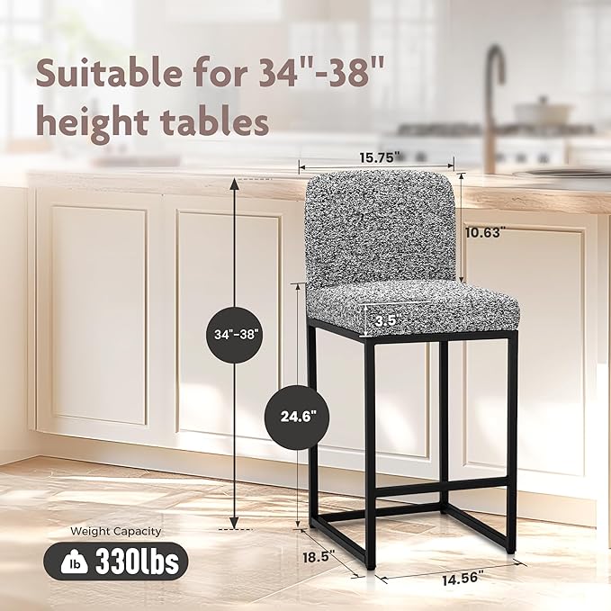 ALPHA HOME 24" Bar Stools Set of 4 Kitchen Counter Stools with Back, Counter Height Stools with Upholstered Footrest for Kitchen Island, Metal Steel Frame, Chenille, Gray