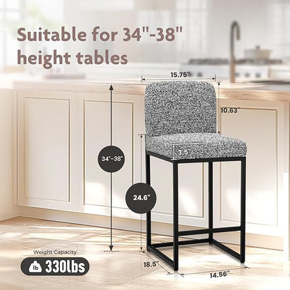 ALPHA HOME 24" Bar Stools Set of 2 Kitchen Counter Stools with Back, Counter Height Stools with Upholstered Footrest for Kitchen Island, Metal Steel Frame, Chenille, Gray