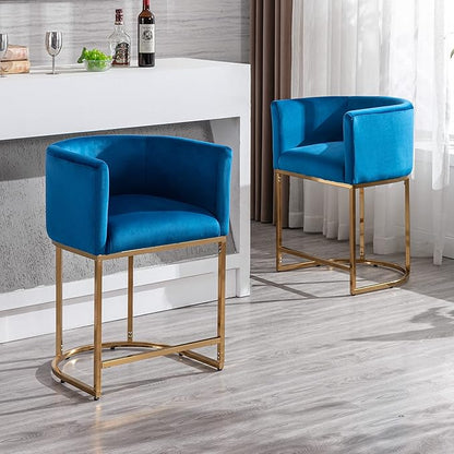 Contemporary Blue Velvet Bar Stools Set of 3, 24" Upholstered Fabric Counter Height Barstools Kitchen Counter Island Stools with Golden Metal Base