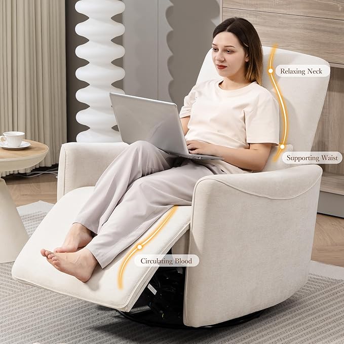 Power Swivel Recliner Chair, Upholstered Fabric Glider Electric Rocking Chair for Adults. Nursery Rocker Single Sofa with Lumbar Support for Living Room. Dual-port Charging: Type-C&USB, Beige
