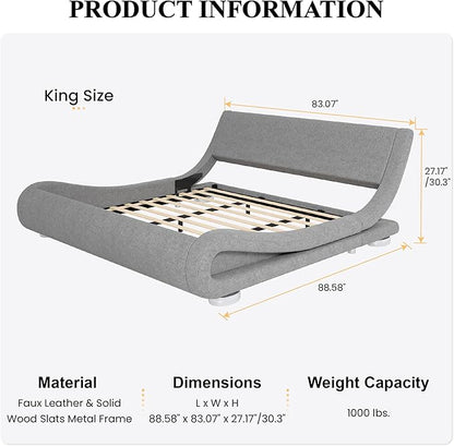 SHA CERLIN King Size Upholstered Bed Frame, Deluxe Low Profile Sleigh Bed with Linen Ergonomics Headboard, No Box Spring Needed & Easy Assembly, Grey