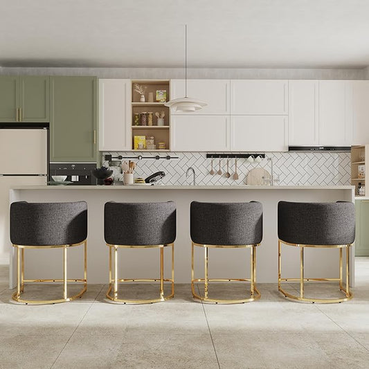 Contemporary Charcoal Linen Bar Stools Set of 4, 24" Upholstered Fabric Counter Height Barstools Kitchen Counter Island Stools with Screwed Together Golden Metal Base