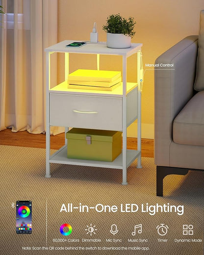SONGMICS BELLAH Collection - Nightstand with Charging Station and App-Controlled Adjustable LED Lights, Bed Side Table, 1 Drawer and 2 Open Shelves, Bedroom, Cloud White and Snow White ULGS301WH01S