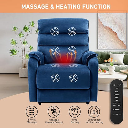 EONIX Wide Lay Flat Power Lift Recliner Chair for Elderly, Heavy Duty Oversized Fabric Lift Chairs Recliner Sofa with Heat and Massage and Charging Ports, Chenille Blue