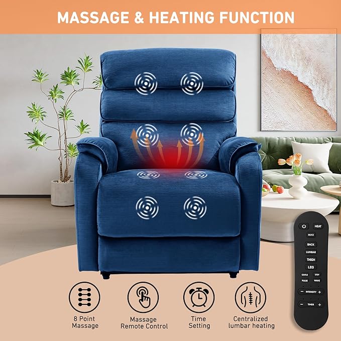 EONIX Dual Motor Lay Flat Power Lift Recliner Chair for Elderly, Chenille Fabric Electric Lift Chairs for Adults, 400lbs Heavy Duty Power Recliner with Heat Massage Charging Ports, Chenille Blue