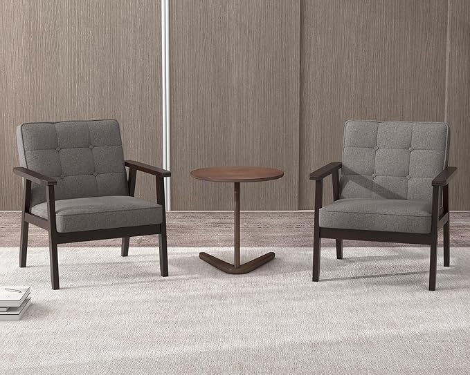 Modern Accent Chair with Wooden Table, Upholstered Linen Fabric Leisure Chair Comfy Side Chair with Backrest Button and Arm Rest for Living Room Bedroom Reading(Gray)