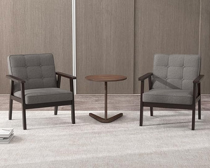 Modern Accent Chair with Wooden Table, Upholstered Linen Fabric Leisure Chair Comfy Side Chair with Backrest Button and Arm Rest for Living Room Bedroom Reading(Gray)