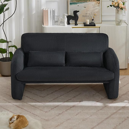 56'' Corduroy Loveseat Sofa, 2 Seater Love Seat Couch for Small Space, Comfy Upholstered Modern Leisure Loveseat Couches with Lumbar Pillows for Bedroom, Office, Living Room, Black