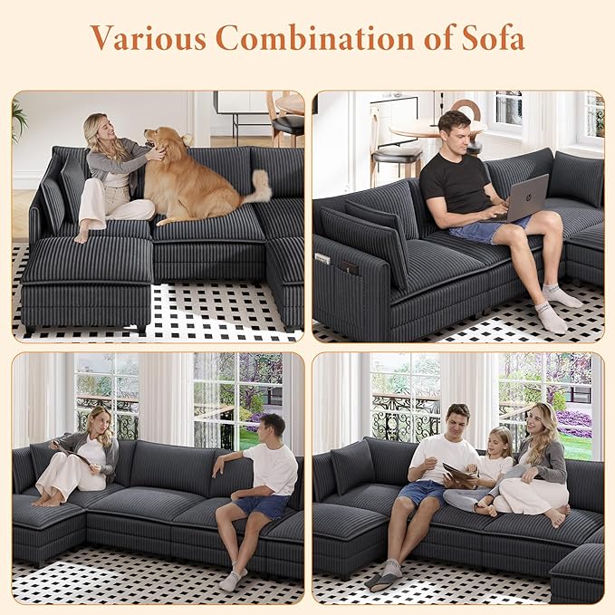 Vesgantti 143" U Shaped Sectional Modular Couch, Comfy Corduroy Upholstered Modular Cloud Sofas for Living Room, Modern Sectional Sofa with 2 Ottoman Deep Seat, Dark Grey